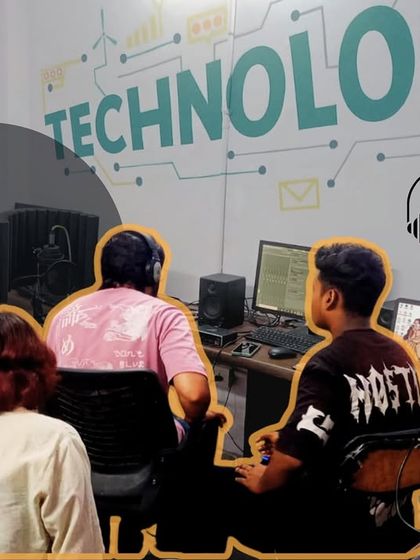 Students work at their individual stations during a practical session. Our studio is equipped to give every learner the chance to work directly with audio software and hardware.