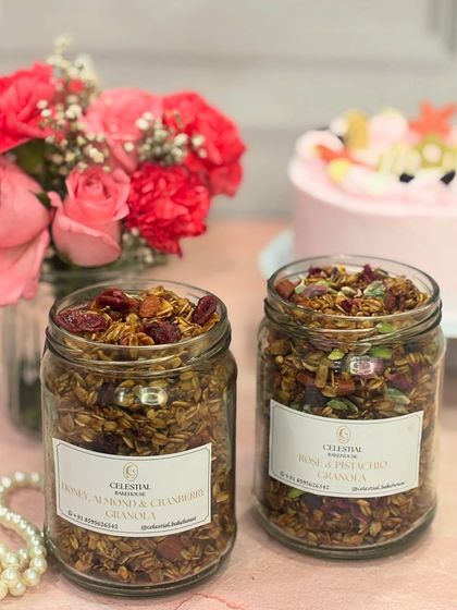 Our handmade granola jars, featuring Honey Almond & Cranberry and Rose & Pistachio flavors, are a perfect healthy and thoughtful gift for any occasion.