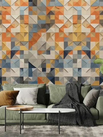Here is how my 3D geometric peel and stick wall panels can create a stunning accent wall. This setup shows how the tiles' vibrant colors and unique texture complement contemporary furniture, instantly elevating the entire living space.