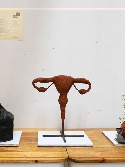 An exhibition view of the 'Dirty Fertility' installation. The three sculptures together tell a story, from the concealed sanitary napkin to the celebration of the female reproductive system.
