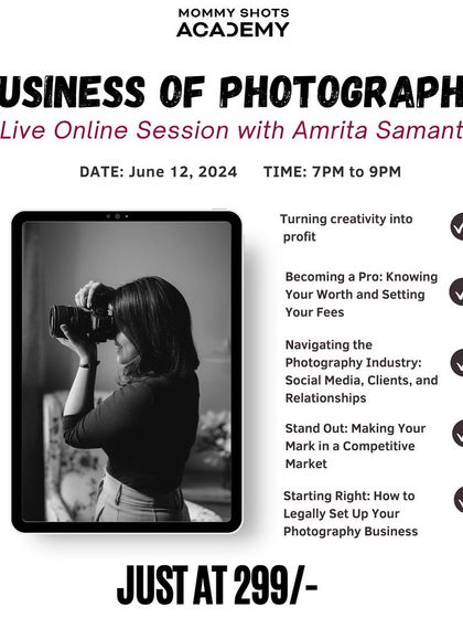 An announcement for a live online session on the "Business of Photography," covering topics from pricing to legal setup.