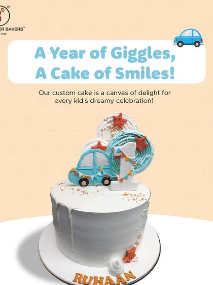 A year of giggles and a cake of smiles for Ruhaan. This first birthday cake features a cute car theme with a number one topper and a lovely grey drip effect.