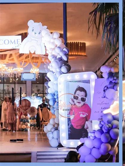 A close up of the personalized welcome area, showing a fun photo of the birthday boy in a light box frame.