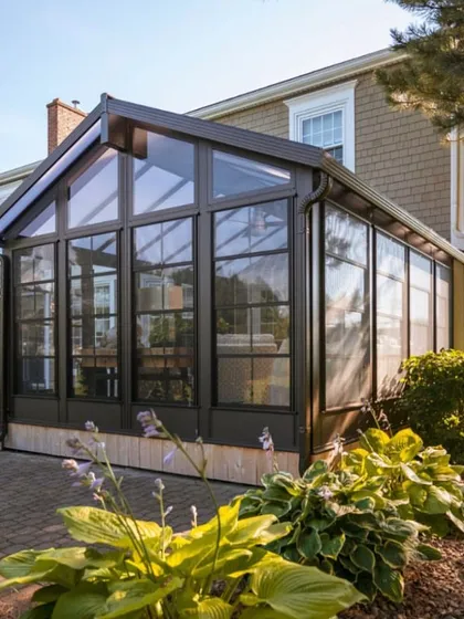 We extended this home with a custom-built modular glass sunroom, creating a light-filled space that brings the outdoors in. This structure is perfect for entertaining, family activities, or simply enjoying the sunshine and stars year-round.