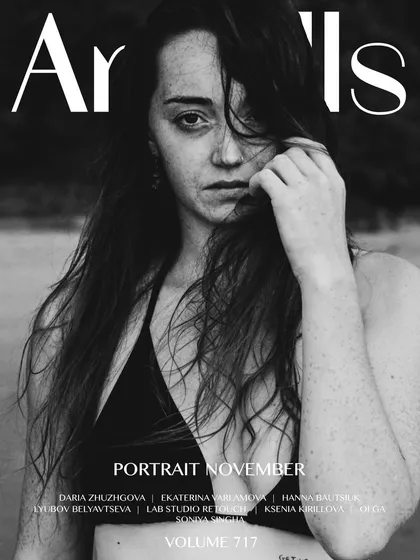 The cover shot for Artells magazine. This raw, black and white beach portrait captures a feeling of untamed beauty, perfect for a powerful magazine cover.