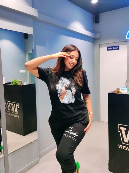 Another look at a customer rocking her custom co-ord set, showing how comfortable and stylish they are.