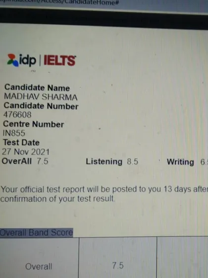 Another one of our high achievers, Madhav, secured an impressive overall score of 7.5, with a remarkable 8.5 in the Listening module. Our focused training and mock tests are designed to help you excel in every section of the IELTS exam.