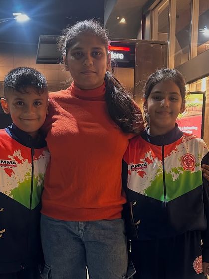 Coach Heena with Shivam and Mishty before they depart for the world championship. Our coaching staff is family.