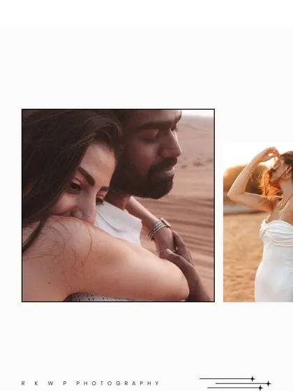 A beautiful photo composition pairing an intimate close-up with a radiant solo portrait, telling a story of love and individual beauty.