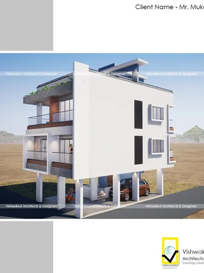 Another view of the stilt 4BHK house design in Uran, showing the structure from a higher angle. This helps visualize the terrace space and overall building mass.