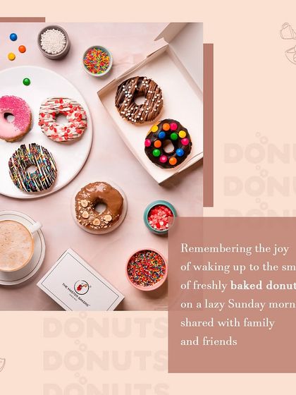 There's nothing like the joy of freshly baked donuts. This beautiful flat-lay captures that feeling with an assortment of our colorful donuts, sprinkles, and a warm cup of coffee.