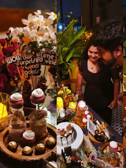 A collage showing the details of a romantic surprise setup. From cupcakes and Ferrero Rocher to candles and flowers, every element is perfectly placed.