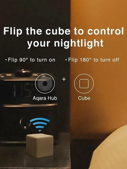 This graphic shows just how simple the Aqara Cube can be. For example, I can program it so that flipping the cube 90 degrees turns on your nightlight, and flipping it 180 degrees turns it off.