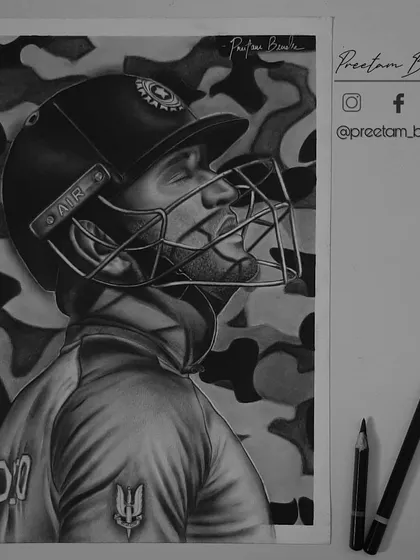 A tribute to Captain Cool, MS Dhoni. This portrait captures a quiet moment of reflection on the field, a look that every Indian cricket fan knows and respects.