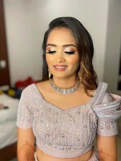 A close-up of Pooja's glittering eye makeup, perfect for a sangeet night.