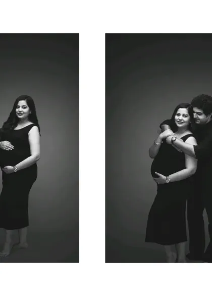 A diptych of classic black and white maternity poses. It shows both a solo portrait and a sweet couple's embrace, capturing different facets of the journey.