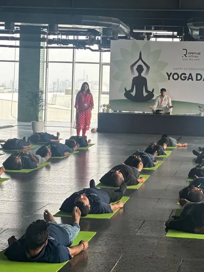 Another perspective of the International Yoga Day session, showing employees fully engaged in the practice. My sessions are structured to hold the attention of large groups and deliver a powerful collective experience.