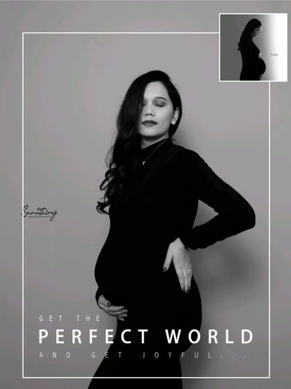 An artistic black and white portrait with a modern graphic overlay. This shot highlights a confident and stylish pose, perfect for a contemporary maternity announcement.