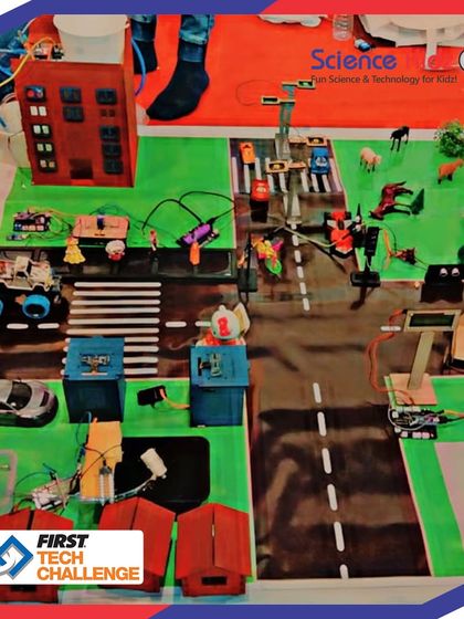 A top-down view of "The Soul City," our team's project for the First Tech Challenge. This detailed model demonstrates smart solutions for a sustainable city, including automated traffic, waste management, and energy systems.