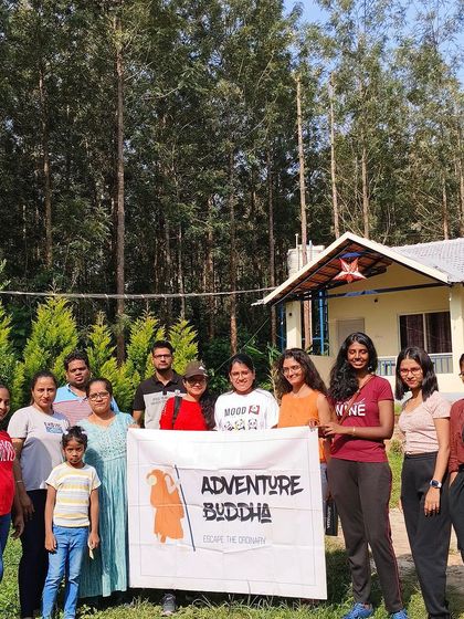 Our group in front of their homestay in Chikmagalur, a perfect base for exploring the surrounding hills and coffee estates.