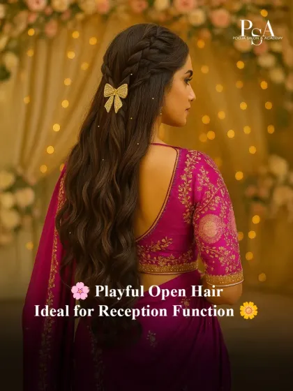 An ideal look for a Sangeet or Reception function. We kept the hair open with soft waves and a half-up braid, adding a playful and chic bow clip. This style allows for easy movement so you can dance the night away.