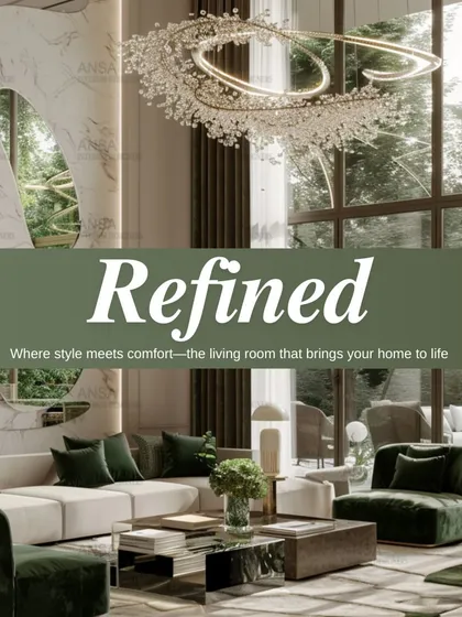 A refined living room where style meets comfort. The deep green velvet chairs add a touch of opulence, while the large windows connect the space to the lush greenery outside.