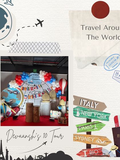 Details of the 'Travel Around The World' theme for Devaansh's 10th tour. We used passport-style invites, destination signposts, and travel-themed backdrops to carry the concept through every element of the party.