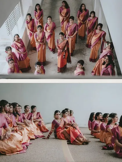 The beauty of friendship and tradition. This collage shows the bride with her bridesmaids, all dressed in stunning, coordinated sarees. It captures both a formal group photo and a candid moment of celebration.