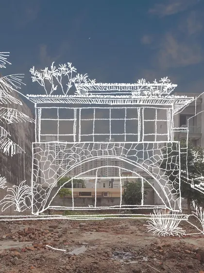 A concept sketch overlaid on a construction site for a new residential project in Noida. We are kicking off this project with a series of dramatic concrete arches, the largest being 31 feet wide.
