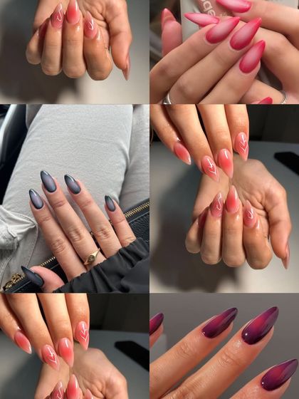 A collage showing different color options for the popular aura nail trend.