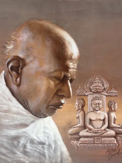 The final painting, "Divine Harmony," an acrylic on canvas piece depicting a spiritual figure in deep meditation with Jain Tirthankaras.
