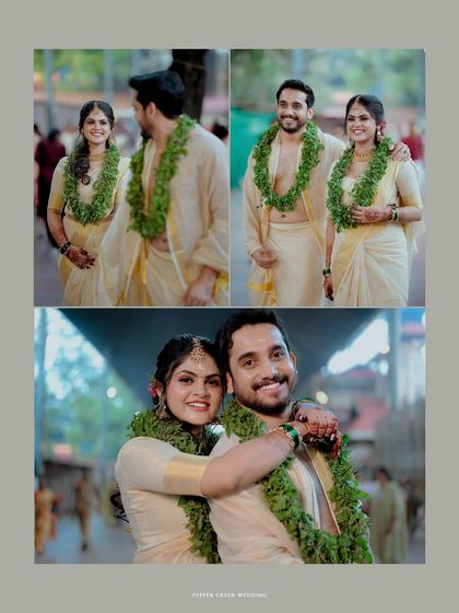 A collage of happy and candid moments from the couple's Guruvayur temple wedding.