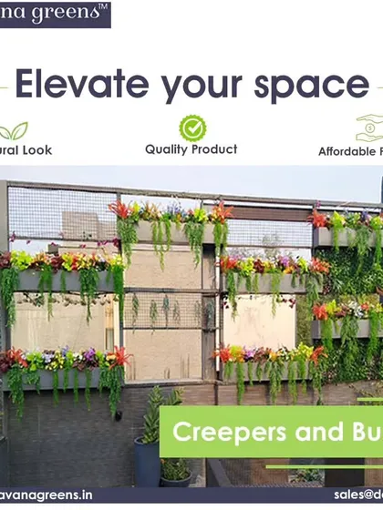 Elevate your space with our creepers and bushes. This installation on an outdoor wall uses planters filled with colorful flowers and cascading greenery for a vibrant look.