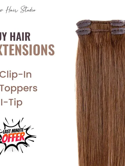 A promotional image listing the different types of extensions we offer, including clip-ins, toppers, and I-tips.