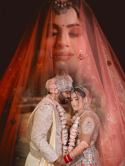 A creative double-exposure portrait combining an intimate couple moment with a stunning close-up of the bride, telling a story of love and beauty.