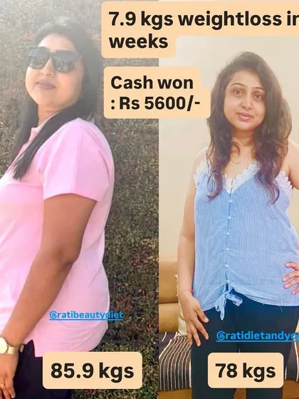 Drashti's 7.9 kg weight loss journey. She started at 85.9 kg and is now at 78 kg, feeling more confident than ever.