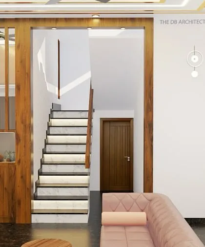 This design view shows the staircase and the partition with a jali screen and an integrated aquarium. It demonstrates how I use partitions to define spaces without closing them off, maintaining a sense of connection.