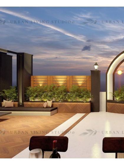 This render for the Gurgaon project features an elegant arched backdrop and chevron-patterned wooden planters, adding a touch of neo-classical style to the modern design.