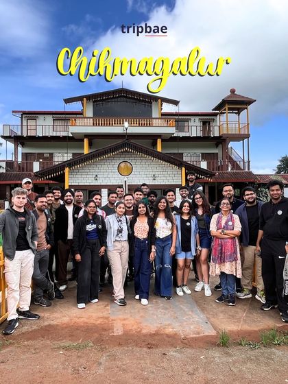 The group posing in front of a beautiful homestay in Chikmagalur. We ensure our accommodations are scenic and comfortable.