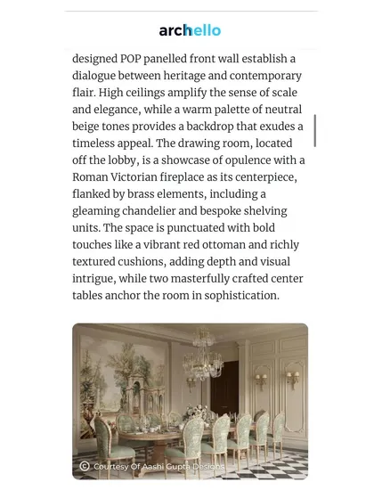 More from the Archello feature, describing the drawing room as a showcase of opulence with a Roman Victorian fireplace and bespoke shelving.
