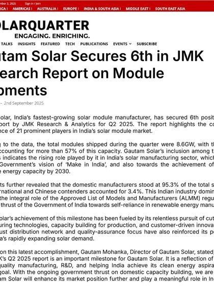 We are proud to have secured the 6th position in India’s solar module shipments for Q2 2025, as reported by JMK Research & Analytics. This milestone reflects our focus on high-quality manufacturing and customer-driven innovation.