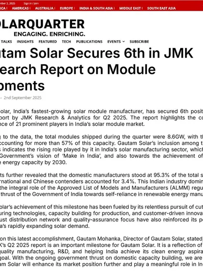 We are proud to have secured the 6th position in India’s solar module shipments for Q2 2025, as reported by JMK Research & Analytics. This milestone reflects our focus on high-quality manufacturing and customer-driven innovation.