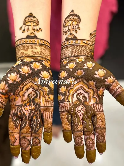 A beautiful design with lotus flowers on the palms and decorative umbrellas on the arms.