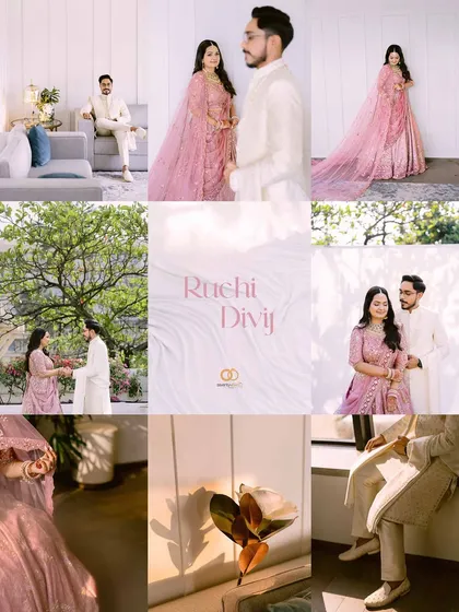 A beautiful mood board collage from a wedding, showcasing the soft pink color palette, the couple's portraits, and the delicate details of their day.