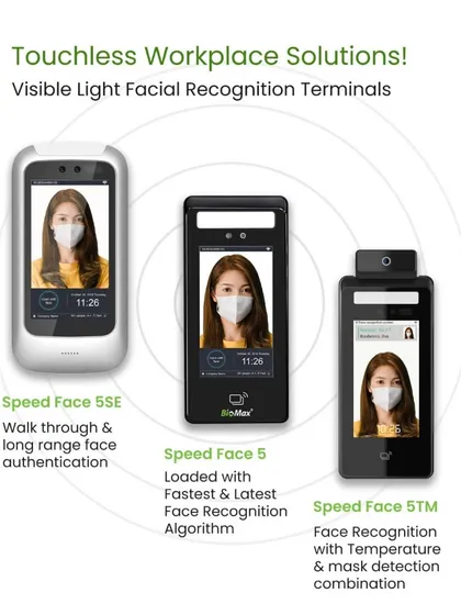We also provide touchless workplace solutions, including facial recognition terminals. These systems can authenticate users with masks on and even include temperature detection, making them ideal for ensuring a safe and secure commercial environment.
