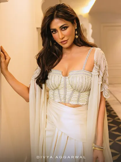 A close-up of Chitrangda Singh in the Alauren Set, highlighting the intricate beadwork on the corset blouse that is central to this exquisite design.
