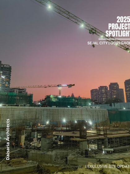 An evening shot of the Sejal City construction site. The work continues as the sun sets, with the core structures beginning to take shape. What is invisible below ground today will soon support the iconic towers that will rise above the skyline.