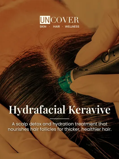 Healthy hair starts with a healthy scalp. This is our Hydrafacial Keravive treatment, which is like a facial for your scalp. It deeply cleanses, exfoliates, and hydrates the scalp, removing product buildup and dead skin to create the perfect foundation for stronger, healthier hair to grow.