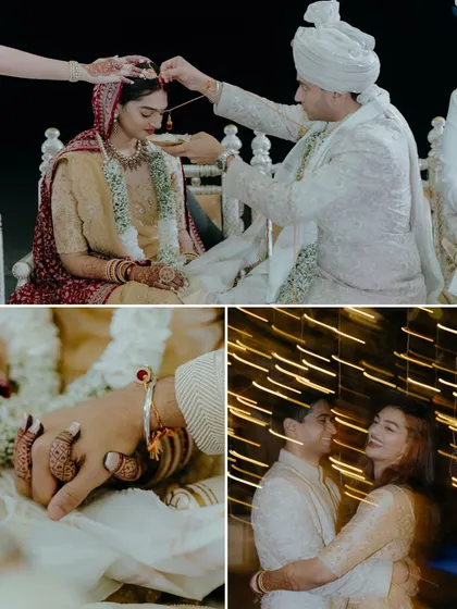 A collage of tender moments from the wedding ceremony. It includes the sindoor ceremony, a close-up of the couple holding hands, and a blurry, artistic shot of them dancing, all telling a story of love and ritual.