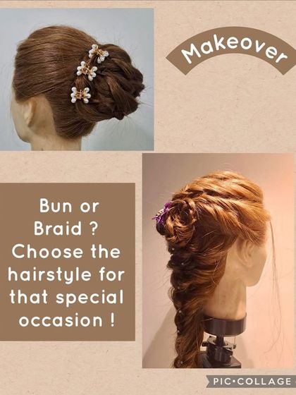 A showcase of two special occasion hairstyles on a mannequin: an elegant bun and an intricate braid, demonstrating different options for formal events.